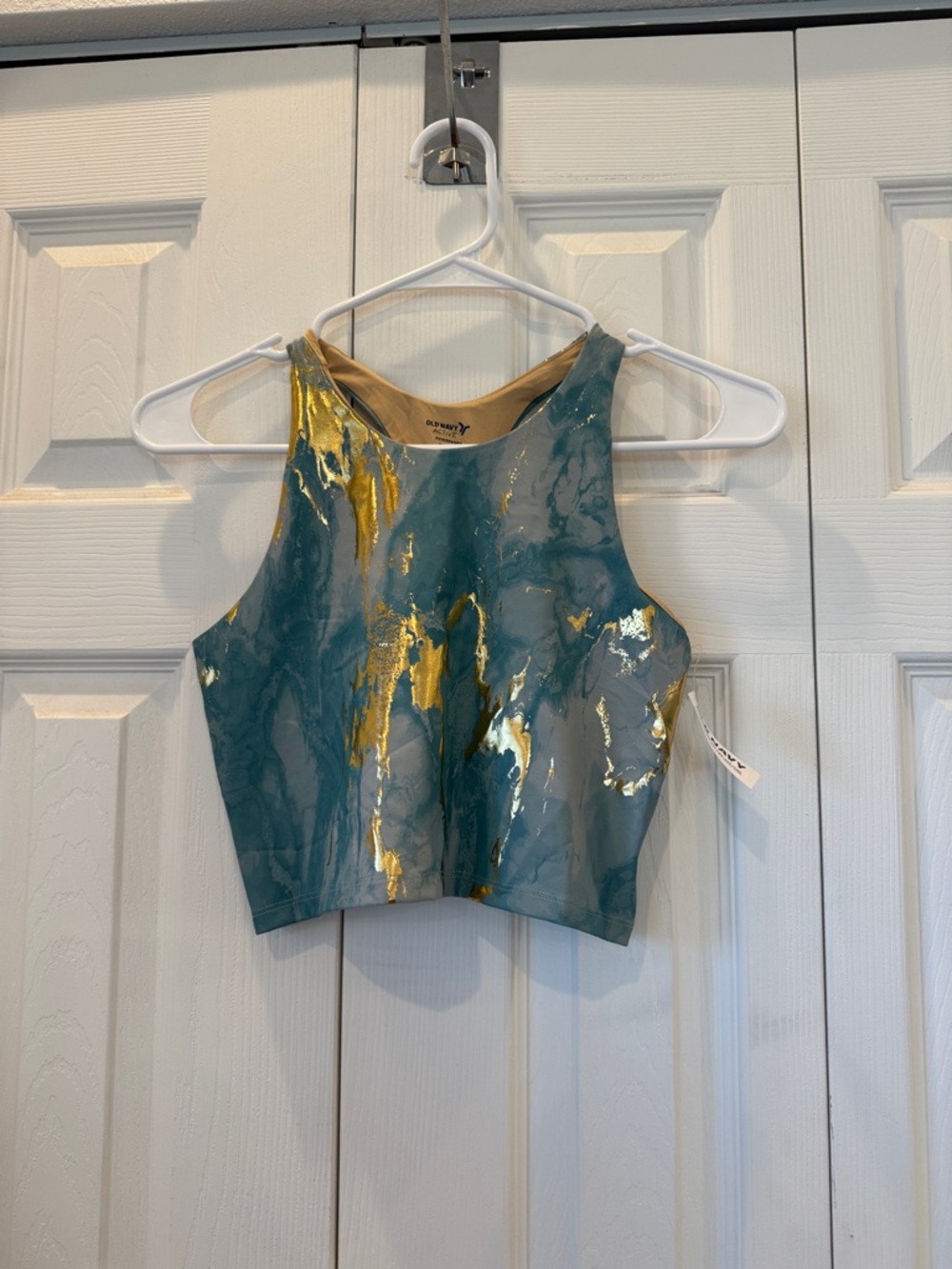 Girls High-Neck Metallic Teal Crop Top/Sports Bra